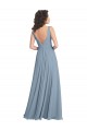 Bleu poussiéreux Trapèze Col V Mousseline Longue Robes demoiselle d'honneur Prix Réduit