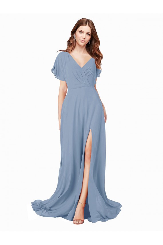 Bleu poussiéreux Trapèze Col V Mousseline Longue Robes demoiselle d'honneur / Robes de bal Prix Réduit