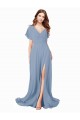 Bleu poussiéreux Trapèze Col V Mousseline Longue Robes demoiselle d'honneur / Robes de bal Prix Réduit
