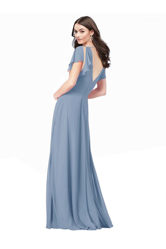 Bleu poussiéreux Trapèze Col V Mousseline Longue Robes demoiselle d'honneur / Robes de bal Prix Réduit