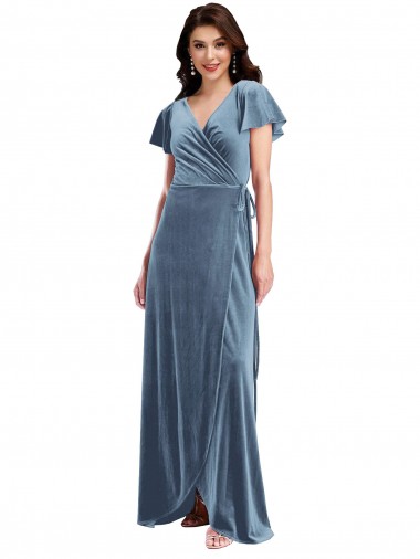 Bleu poussiéreux Trapèze Col V Velours Stretch Longue Robes demoiselle d'honneur / Robes de bal Prix Réduit