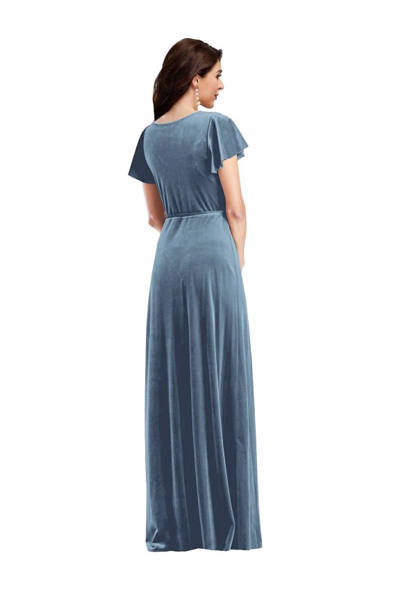 Bleu poussiéreux Trapèze Col V Velours Stretch Longue Robes demoiselle d'honneur / Robes de bal Prix Réduit