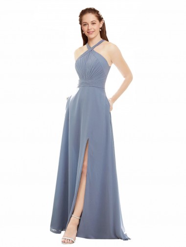 Bleu poussiéreux Trapèze Licou Col Haut Mousseline Longue Robes demoiselle d'honneur Prix Réduit