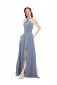 Bleu poussiéreux Trapèze Licou Col Haut Mousseline Longue Robes demoiselle d'honneur Prix Réduit