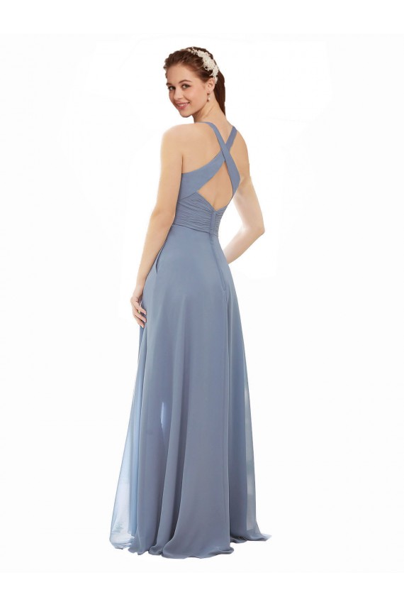 Bleu poussiéreux Trapèze Licou Col Haut Mousseline Longue Robes demoiselle d'honneur Prix Réduit