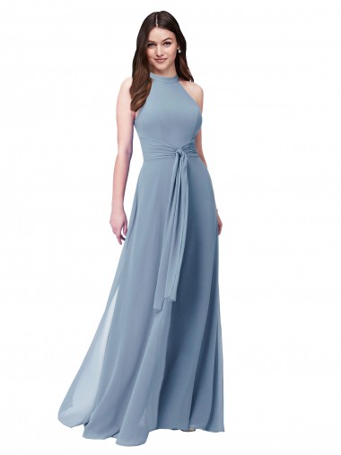 Bleu poussiéreux Trapèze Licou Col Haut Mousseline Longue Robes demoiselle d'honneur Prix Réduit