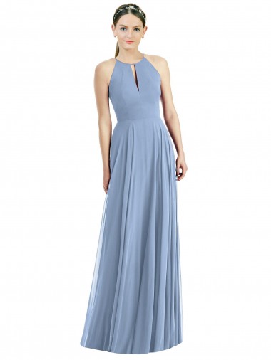 Bleu poussiéreux Trapèze Licou Mousseline Longue Robes demoiselle d'honneur Prix Réduit