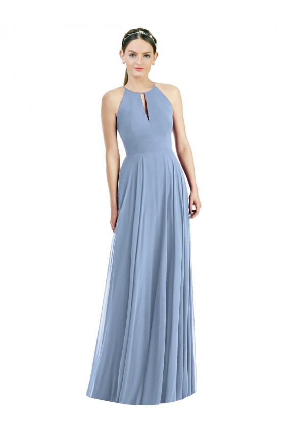 Bleu poussiéreux Trapèze Licou Mousseline Longue Robes demoiselle d'honneur Prix Réduit