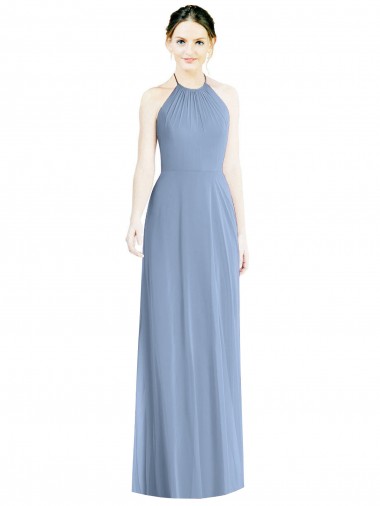 Bleu poussiéreux Trapèze Licou Mousseline Longue Robes demoiselle d'honneur Prix Réduit