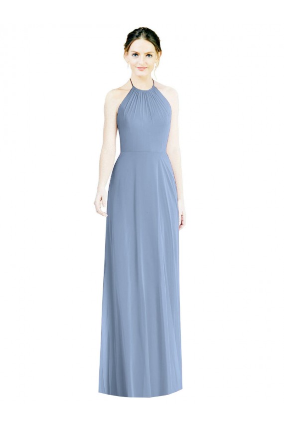 Bleu poussiéreux Trapèze Licou Mousseline Longue Robes demoiselle d'honneur Prix Réduit