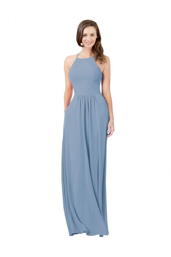 Bleu poussiéreux Trapèze Licou Mousseline Longue Robes demoiselle d'honneur Prix Réduit