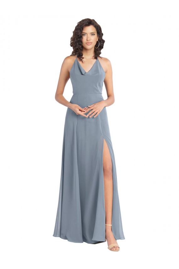Bleu poussiéreux Trapèze Licou Mousseline Longue Robes demoiselle d'honneur Prix Réduit