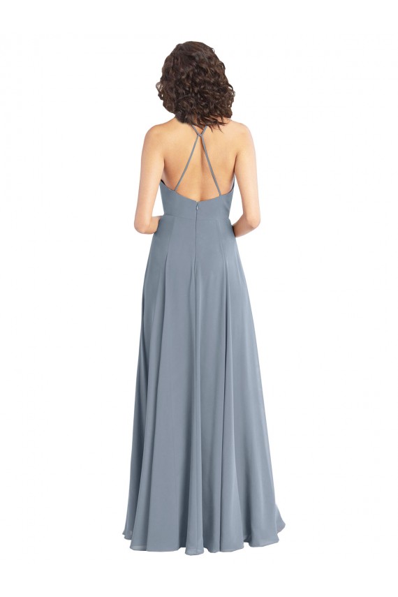 Bleu poussiéreux Trapèze Licou Mousseline Longue Robes demoiselle d'honneur Prix Réduit