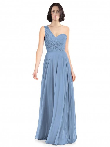 Bleu poussiéreux Trapèze Mousseline Longue Robes demoiselle d'honneur Prix Réduit