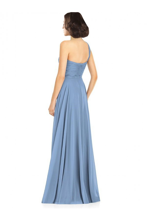 Bleu poussiéreux Trapèze Mousseline Longue Robes demoiselle d'honneur Prix Réduit