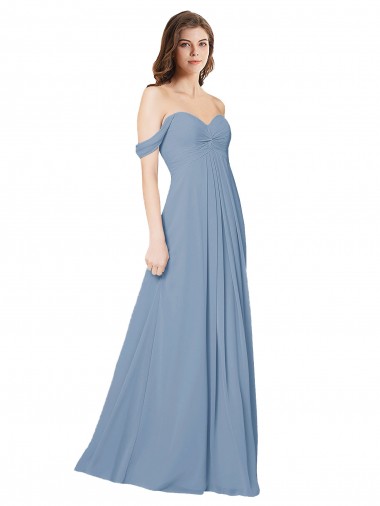 Bleu poussiéreux Trapèze Mousseline Longue Robes demoiselle d'honneur Prix Réduit