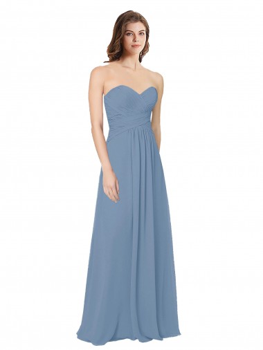 Bleu poussiéreux Trapèze Mousseline Longue Robes demoiselle d'honneur Prix Réduit