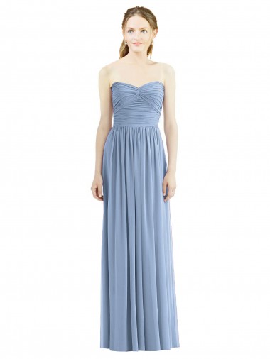 Bleu poussiéreux Trapèze Sans bretelle Mousseline Longue Robes demoiselle d'honneur Prix Réduit