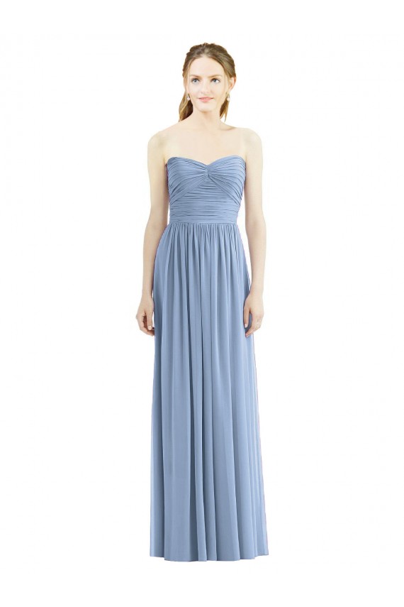 Bleu poussiéreux Trapèze Sans bretelle Mousseline Longue Robes demoiselle d'honneur Prix Réduit