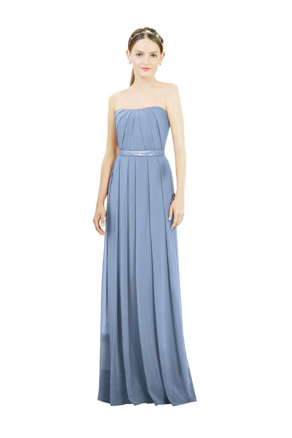 Bleu poussiéreux Trapèze Sans bretelle Mousseline Longue Robes demoiselle d'honneur Prix Réduit