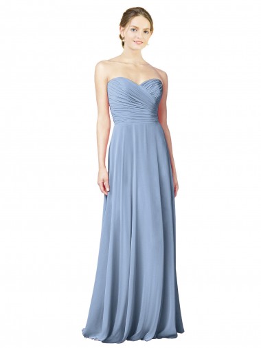 Bleu poussiéreux Trapèze Sans bretelle Mousseline Longue Robes demoiselle d'honneur Prix Réduit