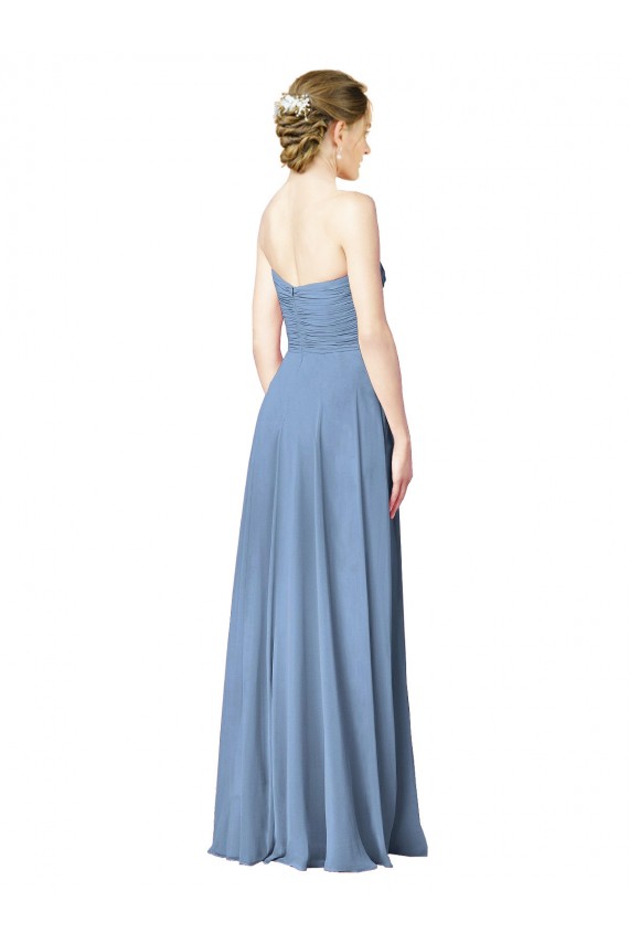 Bleu poussiéreux Trapèze Sans bretelle Mousseline Longue Robes demoiselle d'honneur Prix Réduit