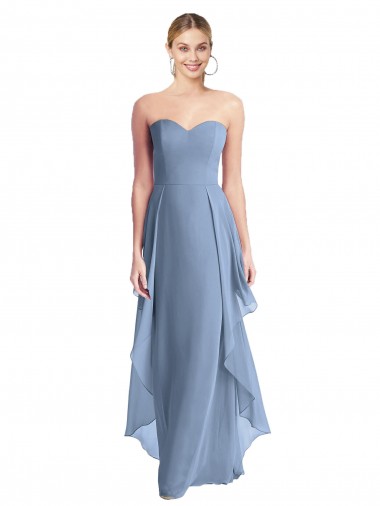 Bleu poussiéreux Trapèze Sans bretelle Mousseline Longue Robes demoiselle d'honneur Prix Réduit