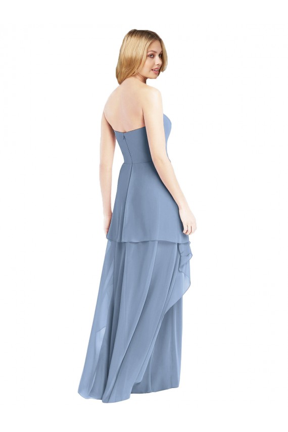 Bleu poussiéreux Trapèze Sans bretelle Mousseline Longue Robes demoiselle d'honneur Prix Réduit