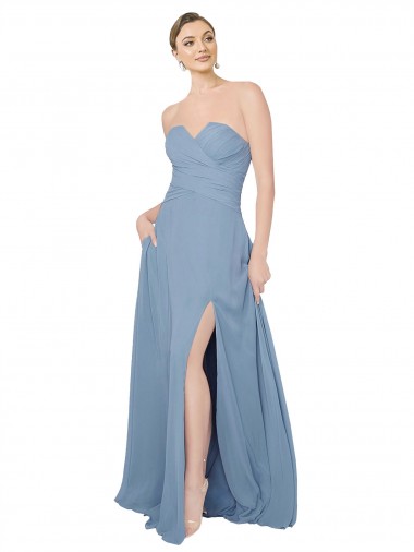 Bleu poussiéreux Trapèze Sans bretelle Mousseline Longue Robes demoiselle d'honneur Prix Réduit