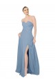 Bleu poussiéreux Trapèze Sans bretelle Mousseline Longue Robes demoiselle d'honneur Prix Réduit