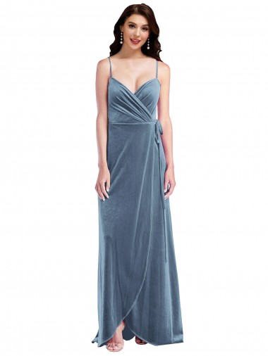Bleu poussiéreux Trapèze Velours Stretch Longue Robes demoiselle d'honneur / Robes de bal Prix Réduit