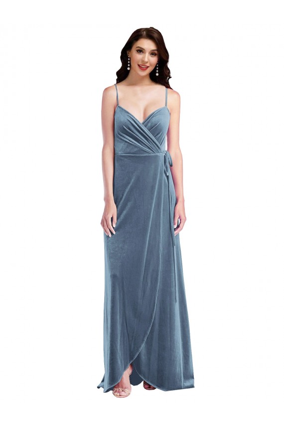 Bleu poussiéreux Trapèze Velours Stretch Longue Robes demoiselle d'honneur / Robes de bal Prix Réduit