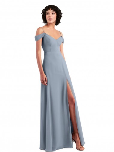 Bleu poussiéreux Trapèze Épaule Dénudée Bretelles spaghetti Mousseline Longue Robes demoiselle d'honneur Prix Réduit