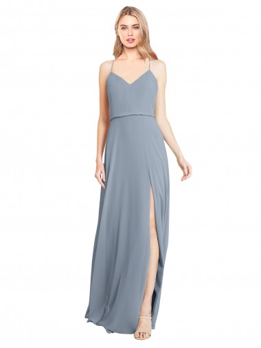 Bleu poussiéreux Trapèze Épaule Dénudée Bretelles spaghetti Mousseline Longue Robes demoiselle d'honneur Prix Réduit