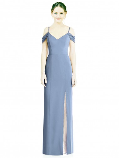 Bleu poussiéreux Trapèze Épaule Dénudée Mousseline Longue Formelles Robes demoiselle d'honneur / Robes de soirée Prix Réduit