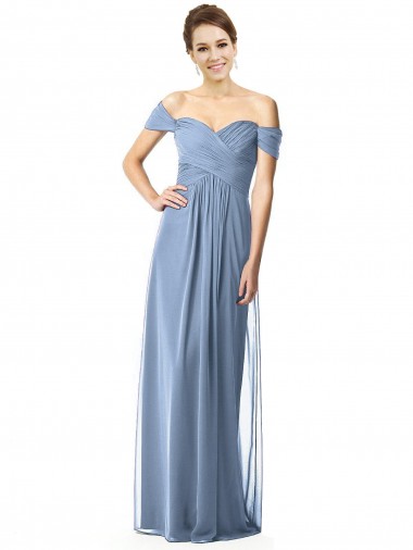 Bleu poussiéreux Trapèze Épaule Dénudée Mousseline Longue Robes demoiselle d'honneur Prix Réduit
