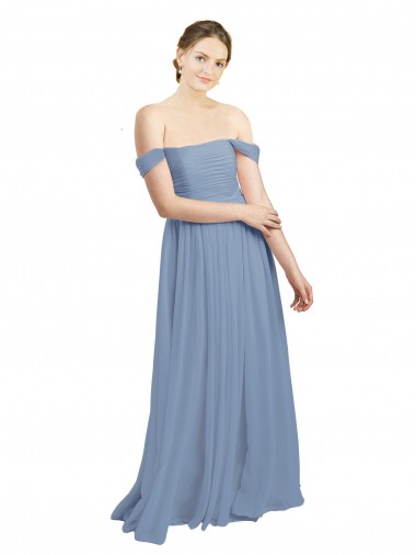 Bleu poussiéreux Trapèze Épaule Dénudée Mousseline Longue Robes demoiselle d'honneur Prix Réduit