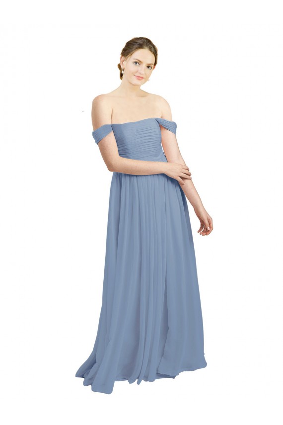 Bleu poussiéreux Trapèze Épaule Dénudée Mousseline Longue Robes demoiselle d'honneur Prix Réduit