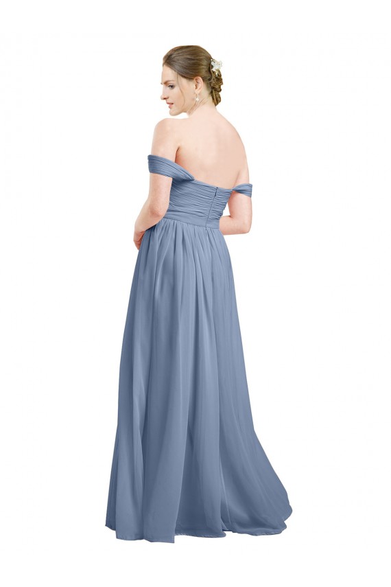 Bleu poussiéreux Trapèze Épaule Dénudée Mousseline Longue Robes demoiselle d'honneur Prix Réduit