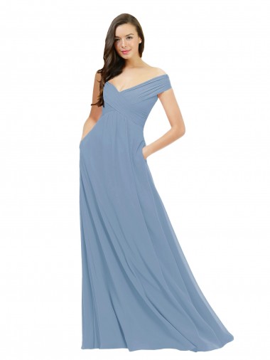 Bleu poussiéreux Trapèze Épaule Dénudée Mousseline Longue Robes demoiselle d'honneur Prix Réduit