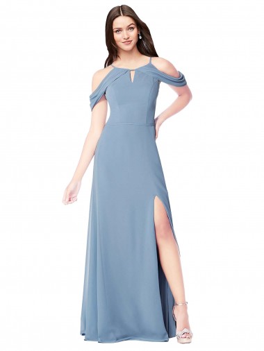 Bleu poussiéreux Trapèze Épaule Dénudée Mousseline Longue Robes demoiselle d'honneur Prix Réduit