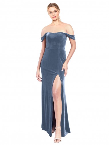 Bleu poussiéreux Trapèze Épaule Dénudée Sans bretelle Velours Stretch Longue Robes demoiselle d'honneur / Robes de bal Prix Réduit