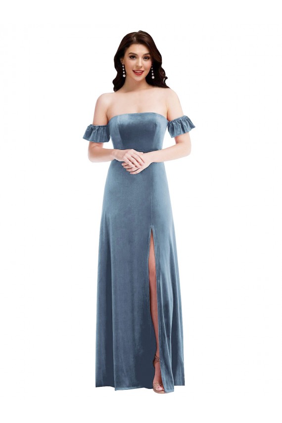 Bleu poussiéreux Trapèze Épaule Dénudée Velours Stretch Longue Robes demoiselle d'honneur / Robes de bal Prix Réduit