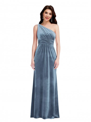 Bleu poussiéreux Trapèze Épaule Dénudée Velours Stretch Longue Robes demoiselle d'honneur / Robes de bal Prix Réduit