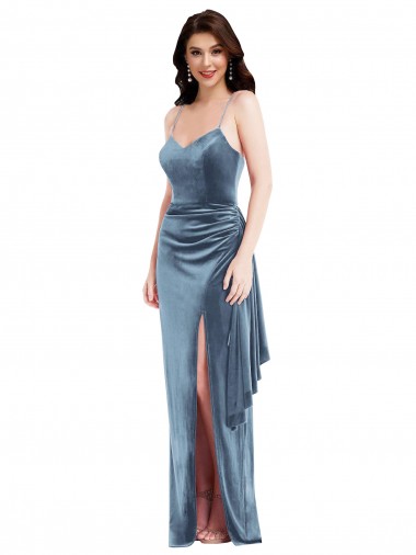 Bleu poussiéreux Trompette Bretelles spaghetti Velours Stretch Longue Formelles Robes demoiselle d'honneur / Robes de soirée / Robes de bal Prix Réduit