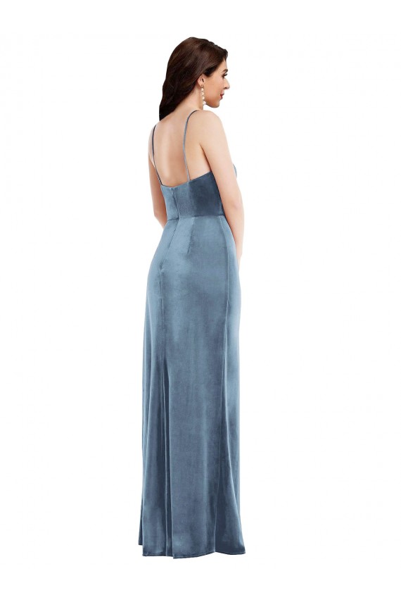 Bleu poussiéreux Trompette Bretelles spaghetti Velours Stretch Longue Formelles Robes demoiselle d'honneur / Robes de soirée / Robes de bal Prix Réduit