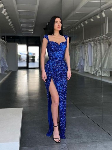 Bleu roi Fourreau Bretelles spaghetti Balayage train Paillettes Velours Longue Robes de bal Prix Réduit