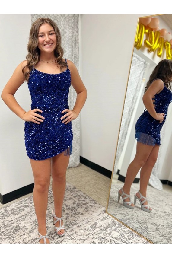 Bleu roi Fourreau Bretelles spaghetti Courte Paillettes Velours Courte Robes de bal Prix Réduit