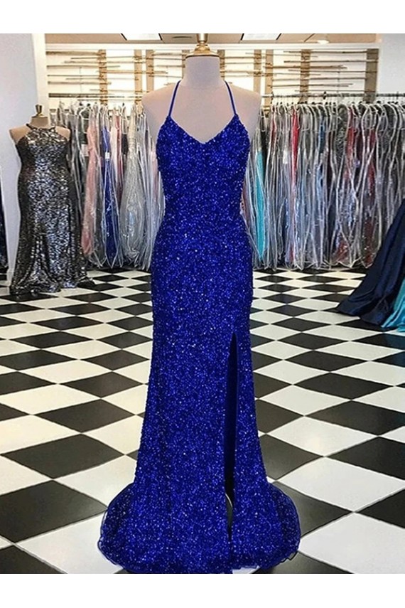 Bleu roi Fourreau Col V Balayage train Paillettes Velours Longue Robes de bal Prix Réduit