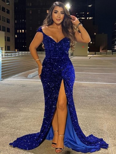 Bleu roi Fourreau Col V Balayage train Paillettes Velours Longue Robes de bal Prix Réduit